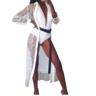 PAREO NA PLAŻĘ NARZUTKA LEKKA ZWIEWNA KORONKA LETNIA KOSZULA DŁUGA KROPKI L