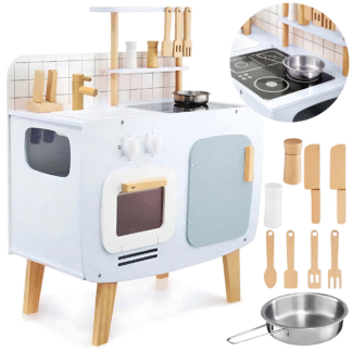 Dětská dřevěná kuchyňka retro modrá vaření + příslušenství