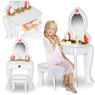 Dřevěná toaletní skříňka pro dívky, zrcadlo, doplňky, bílá, elegantní, neutrální