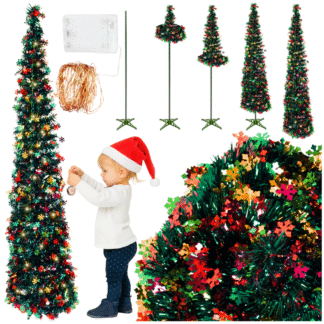 Umělá vánoční stromek POP PUP 150 cm, barevný, stojan, LED dekorace 3 m, rozkládací